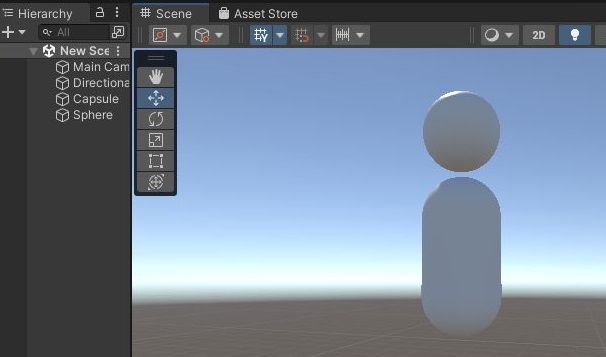 Unityの画面の上にSphere、下にCapsuleがある